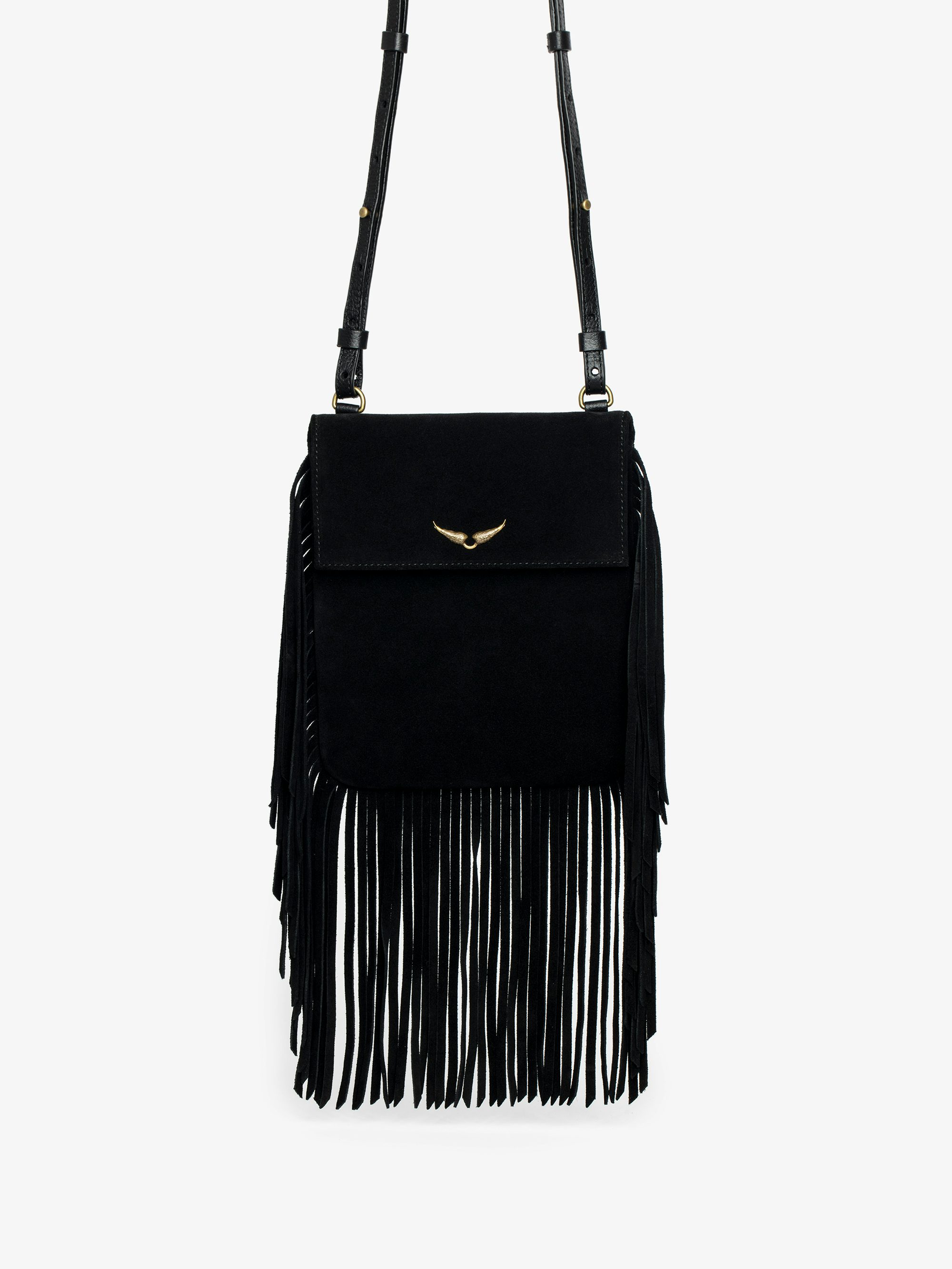 Rockson Nano Suede Clutch - Suede pochette with signature wings and shoulder strap.